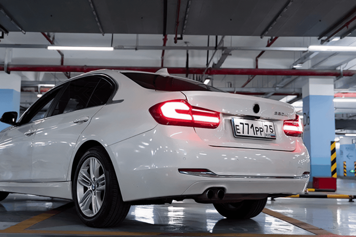 BMW 3 Series F30 F35 F80 LED tail light upgrade by K2 Industries with modern black line design, for models 2012-2019