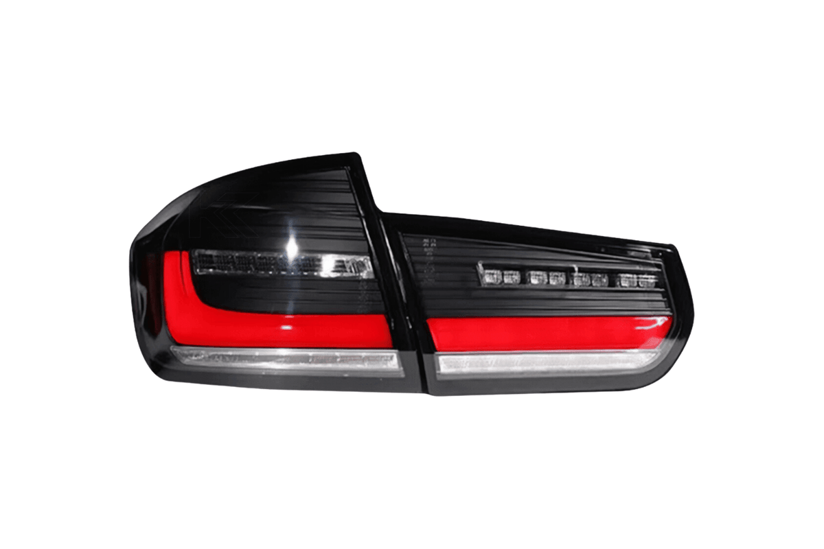 BMW 3 Series F30 F35 F80 modernized LED tail lights by K2 Industries, installed on the rear of the vehicle, showcasing sleek design.