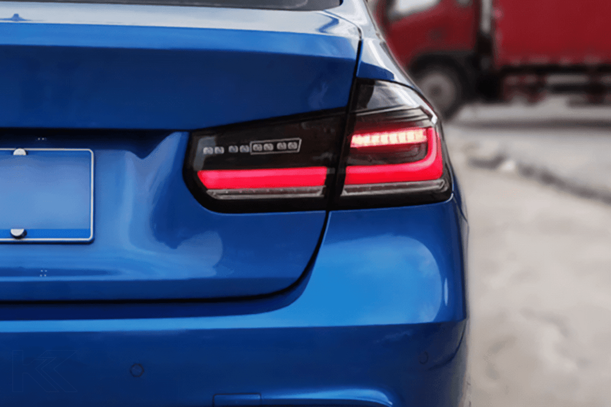 BMW 3 Series F30 F35 F80 Modernized LED tail lights by K2 Industries, showing sleek design and bright illumination for 2012-2019 models.