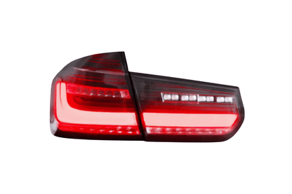 BMW 3 Series F30 F35 F80 modernized LED tail lights by K2 Industries installed on a 2012-2019 model, showcasing sleek design.