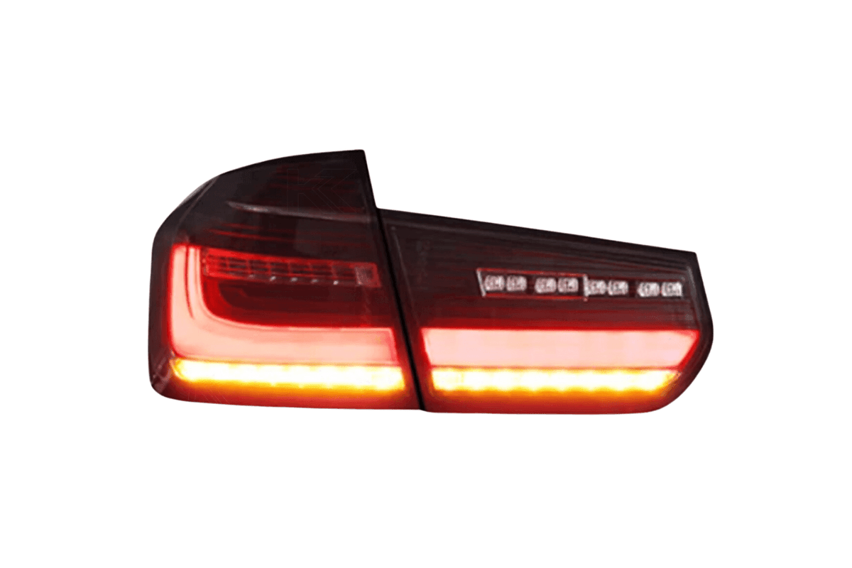 BMW 3 Series F30 F35 F80 modernized LED tail lights by K2 Industries, showing sleek red and clear lens designs for 2012-2019 models.