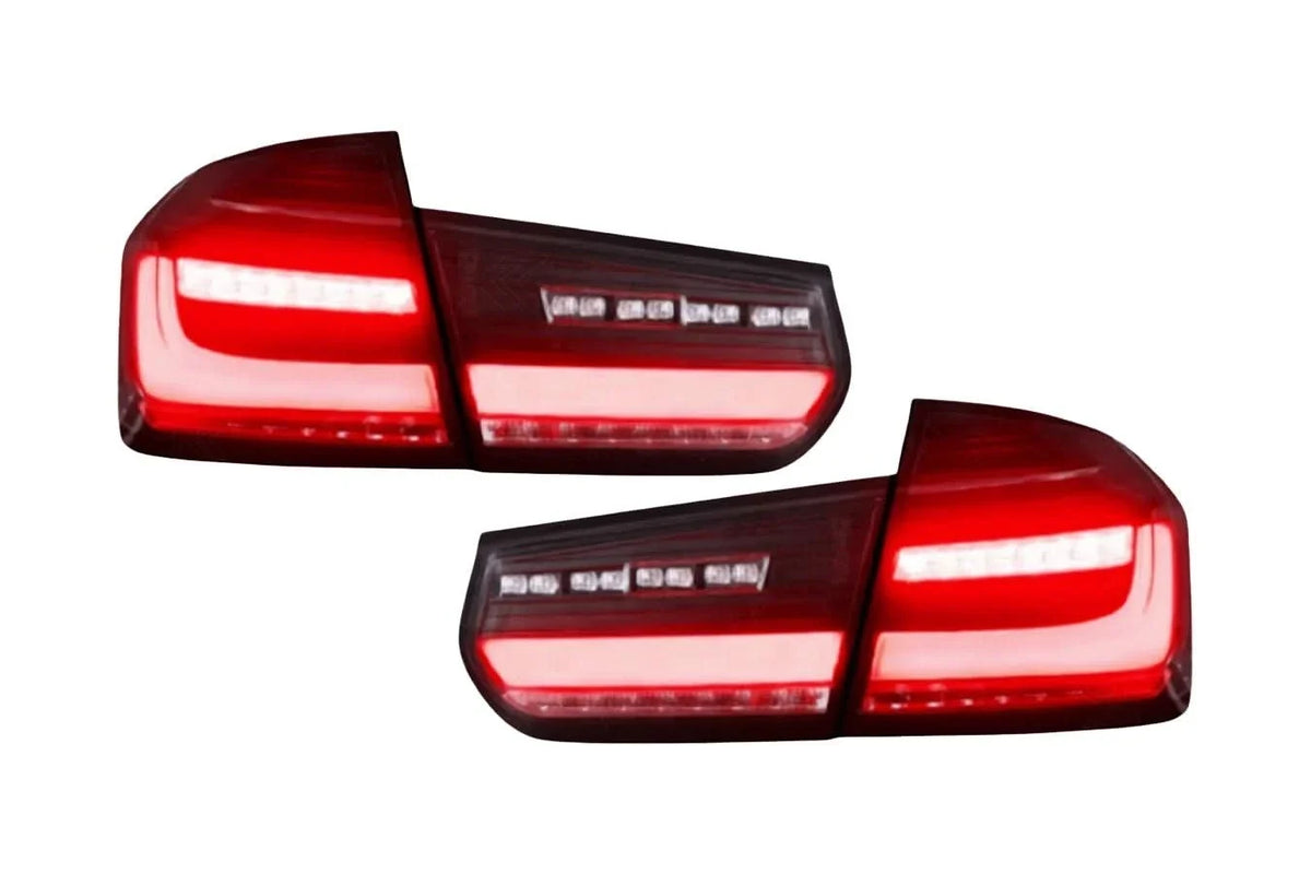 BMW 3 Series F30 F35 F80 modernized LED tail lights by K2 Industries, showing sleek design and red and clear lens details.