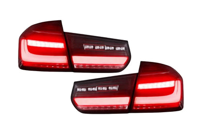 BMW 3 Series F30 F35 F80 modernized LED tail lights by K2 Industries, showing sleek design and red and clear lens details.