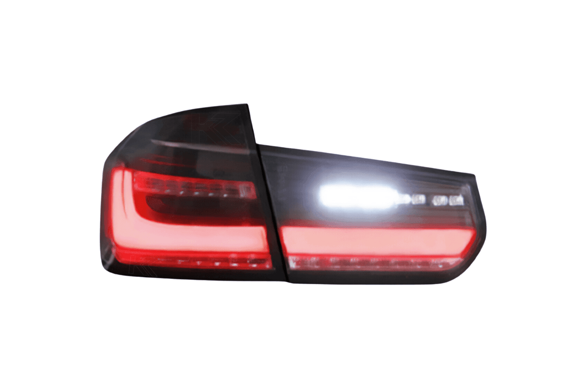 BMW 3 Series F30 F35 F80 modernized LED tail lights by K2 Industries, showcasing sleek design and bright illumination.