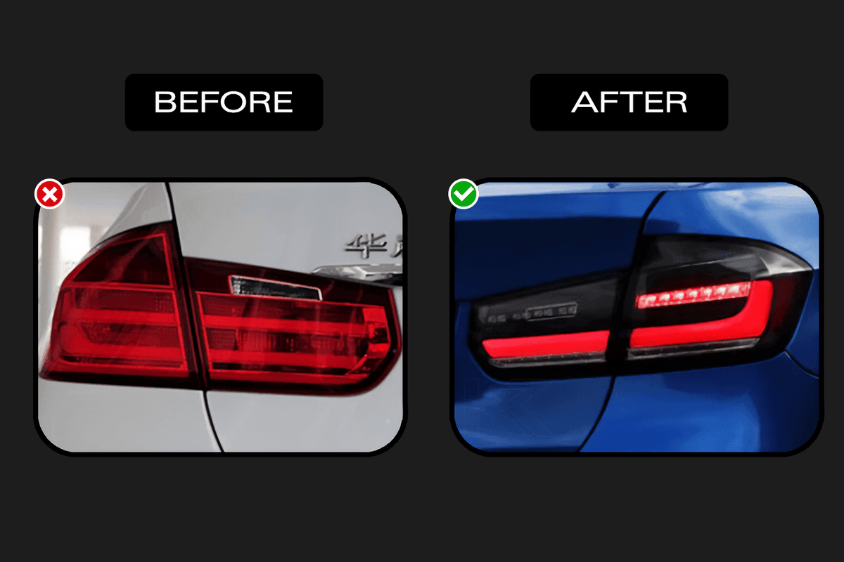 BMW 3 Series F30 F35 F80 modernized LED tail lights by K2 Industries installed on a 2012-2019 BMW 3 Series vehicle.
