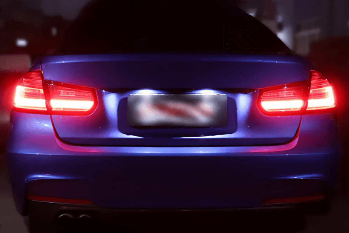 BMW 3 Series F30 F35 F80 modernized LED tail lights by K2 Industries, showing sleek design and bright illumination.
