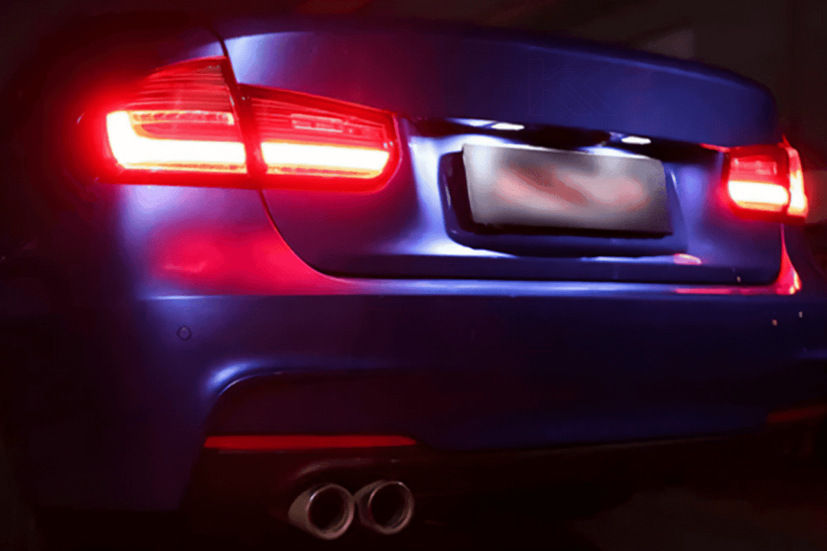 BMW 3 Series F30 F35 F80 modernized LED tail lights by K2 Industries, showcasing sleek design and bright illumination.