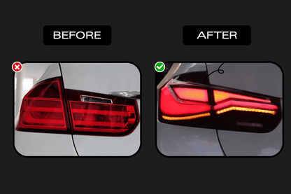 BMW 3 Series F30 F35 F80 LED tail lights by K2 Industries, showing sleek, modern design for 2012-2019 models.