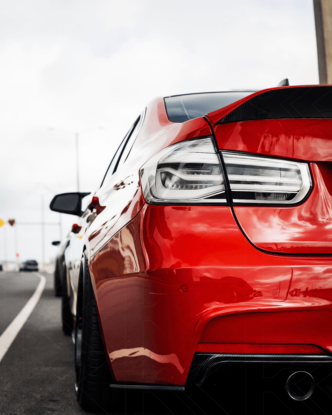 BMW 3-Series F30/F80 clear tail lights by K2 Industries, showing sleek, transparent design for model years 2011 to 2020.
