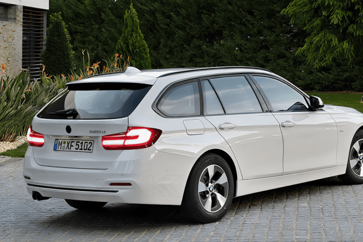 BMW 3 Series F31 modern black line LED tail light upgrade by K2 Industries, rear view showing sleek black-lined design for 2012-2019 models.