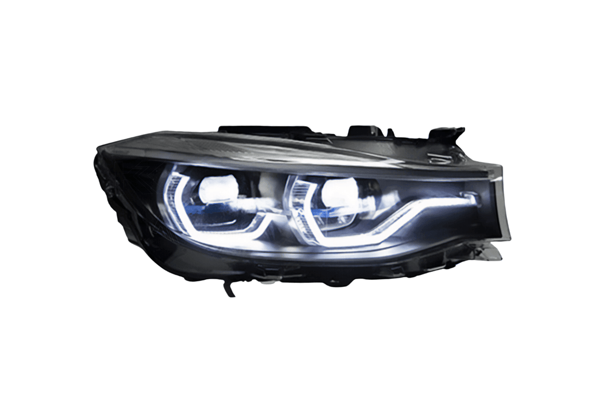 BMW 3 Series F34 GT headlights with LED projector lenses from K2 Industries, for models 2012-2019, showing front view with clear lenses.
