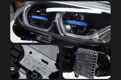 BMW 3 Series F34 GT LED projector lens headlights by K2 Industries, showing the sleek design and bright illumination of the headlights.