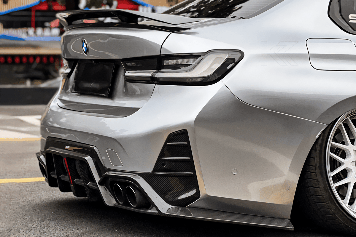 BMW 3 Series G20 G28 G80 M3 OEM style clear LED tail lights by K2 Industries installed on the rear of the vehicle.