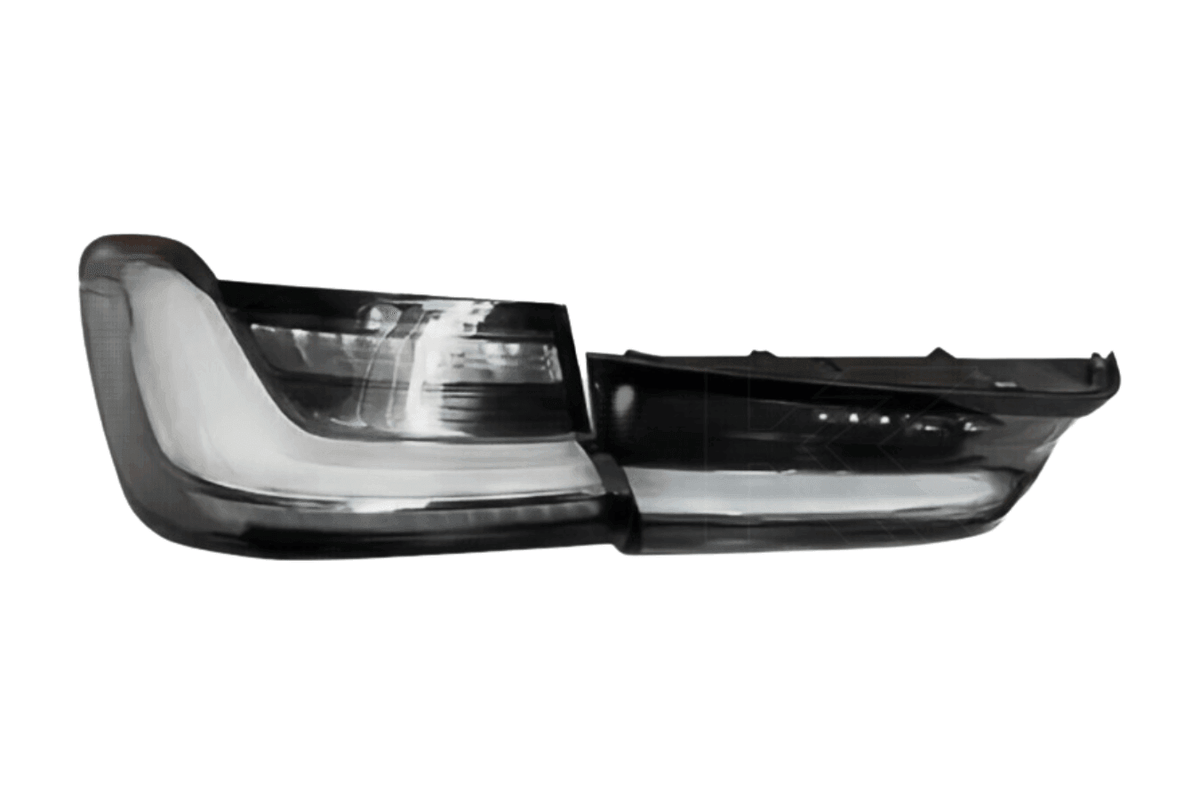 BMW 3 Series G20 G28 G80 M3 OEM style clear LED tail lights by K2 Industries, showing sleek design and bright LED elements.
