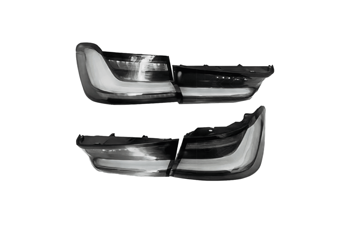 BMW 3 Series G20 G28 G80 M3 OEM style clear LED tail lights installed on the vehicle, showcasing sleek design and LED illumination.