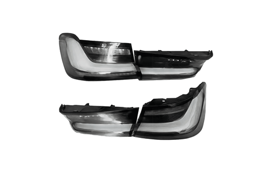 BMW 3 Series G20 G28 G80 M3 OEM style clear LED tail lights installed on the vehicle, showcasing sleek design and LED illumination.