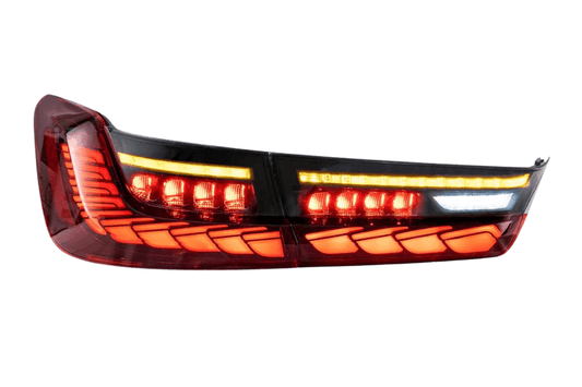 BMW 3-Series G20 G28 G80 tail lights with dragon scale style design by K2 Industries, installed on a 2019-2024 model.