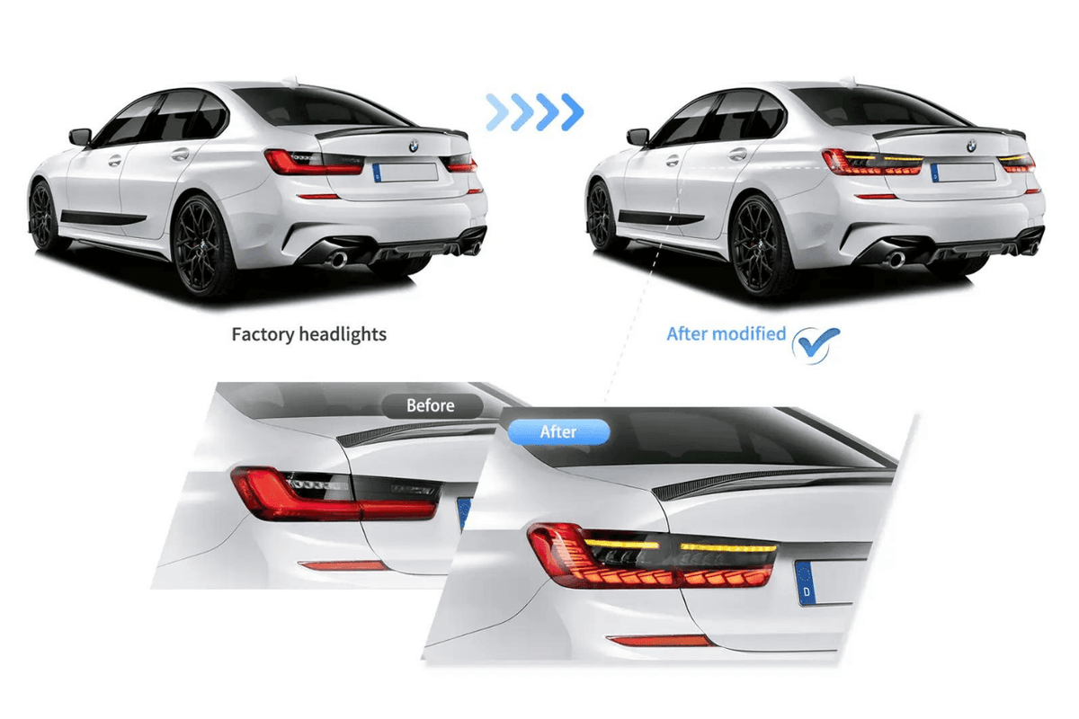 BMW 3-Series G20 G28 G80 tail lights with dragon scale style design by K2 Industries, for models from 2019 to 2024.