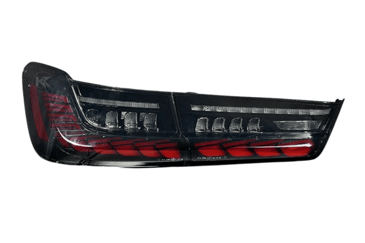 BMW 3-Series G20 G28 G80 tail lights with dragon scale style design by K2 Industries, installed on a 2019-2024 model.