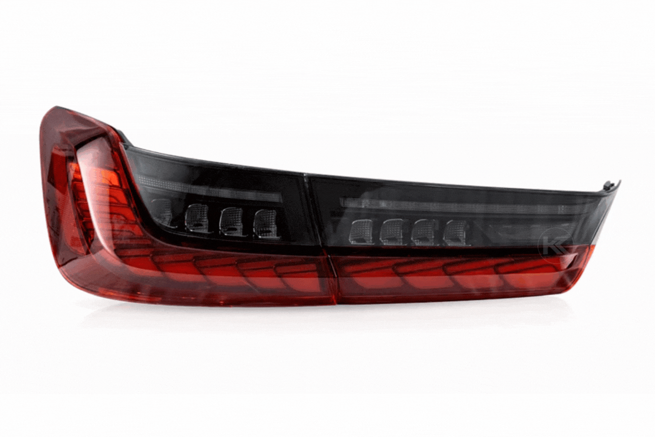 BMW 3-Series G20 G28 G80 tail lights with dragon scale style design, installed on a 2019-2024 model, by K2 Industries.