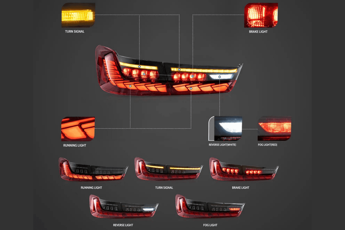 BMW 3-Series G20 G28 G80 Dragon Scale Style Tail Lights by K2 Industries, showcasing sleek LED design for 2019-2024 models