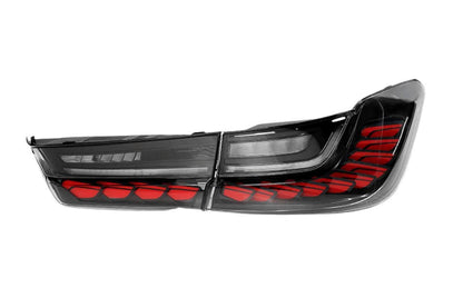 BMW 3-Series G20 G28 G80 GTS style tail lights by K2 Industries installed on a 2019-2024 model, featuring sleek LED design.