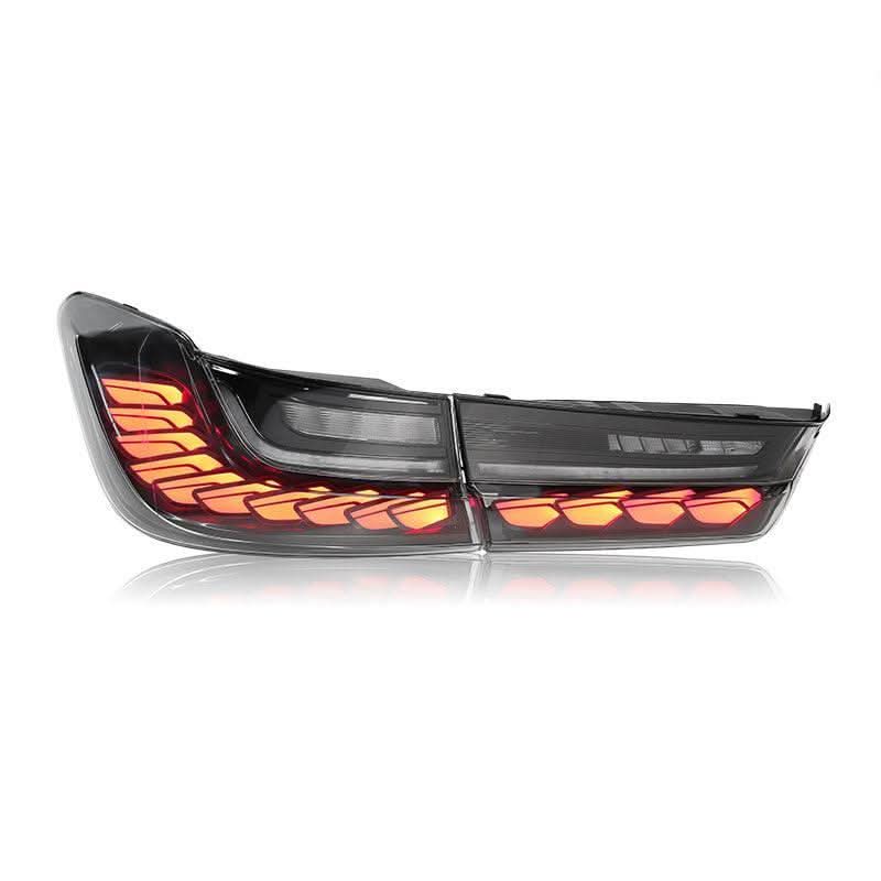 BMW 3-Series G20 G28 G80 GTS style tail lights by K2 Industries, showcasing sleek design and bright LED illumination.