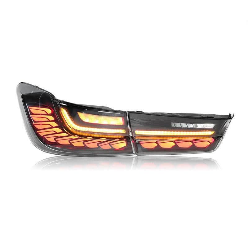 BMW 3-Series G20 G28 G80 GTS style tail lights by K2 Industries installed on a 2019-2024 model, showcasing sleek LED design.