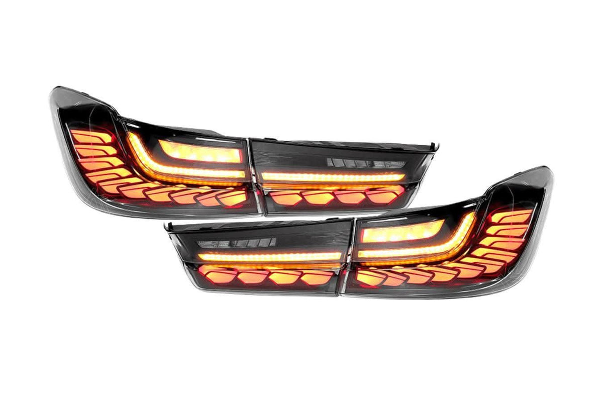 BMW 3-Series G20 G28 G80 GTS style tail lights by K2 Industries installed on a 2019-2024 model, featuring sleek LED design.