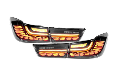 BMW 3-Series G20 G28 G80 GTS style tail lights by K2 Industries installed on a 2019-2024 model, featuring sleek LED design.