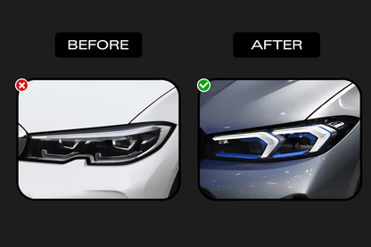 BMW 3 Series LCI G20 G28 LED projector headlights by K2 Industries, modern headlights with clear lens and LED lighting elements.