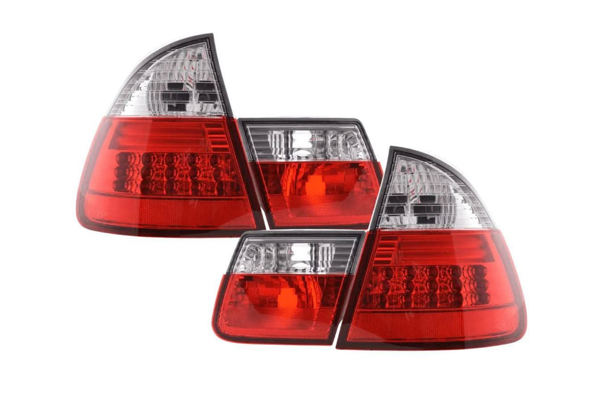 BMW 3 Series E46 wagon red LED tail light set by K2 Industries, showing the sleek design of the taillights on the vehicle.