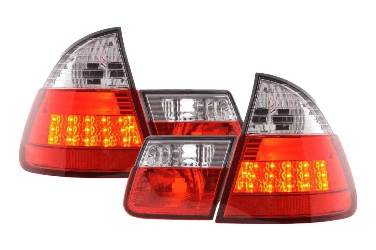 BMW 3 Series Touring E46 red LED tail lights set by K2 Industries, rear view showing sleek taillight design for 1998-2005 models.