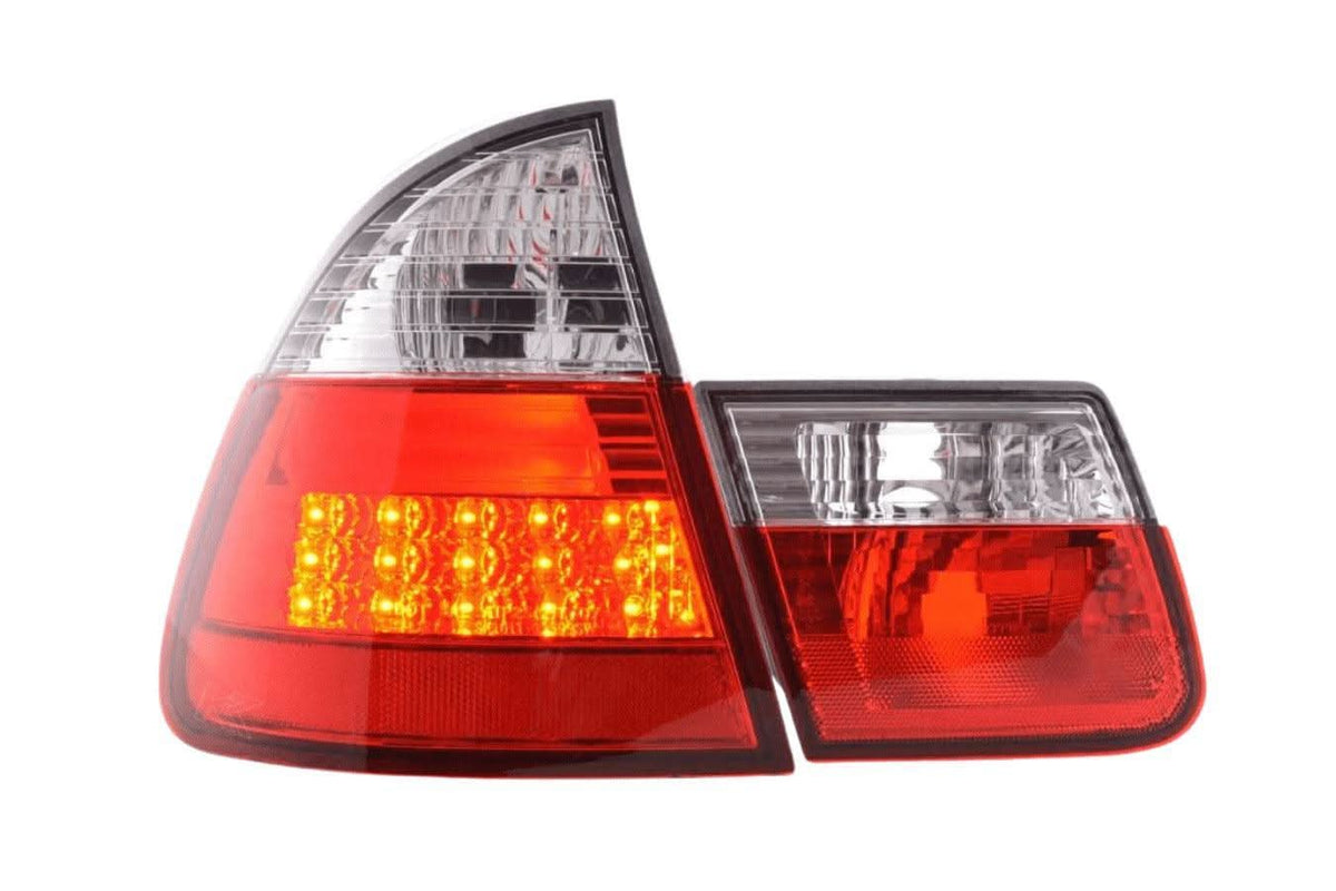 BMW 3 Series Wagon E46 red LED tail lights set by K2 Industries, rear view showing taillight design and red lenses.
