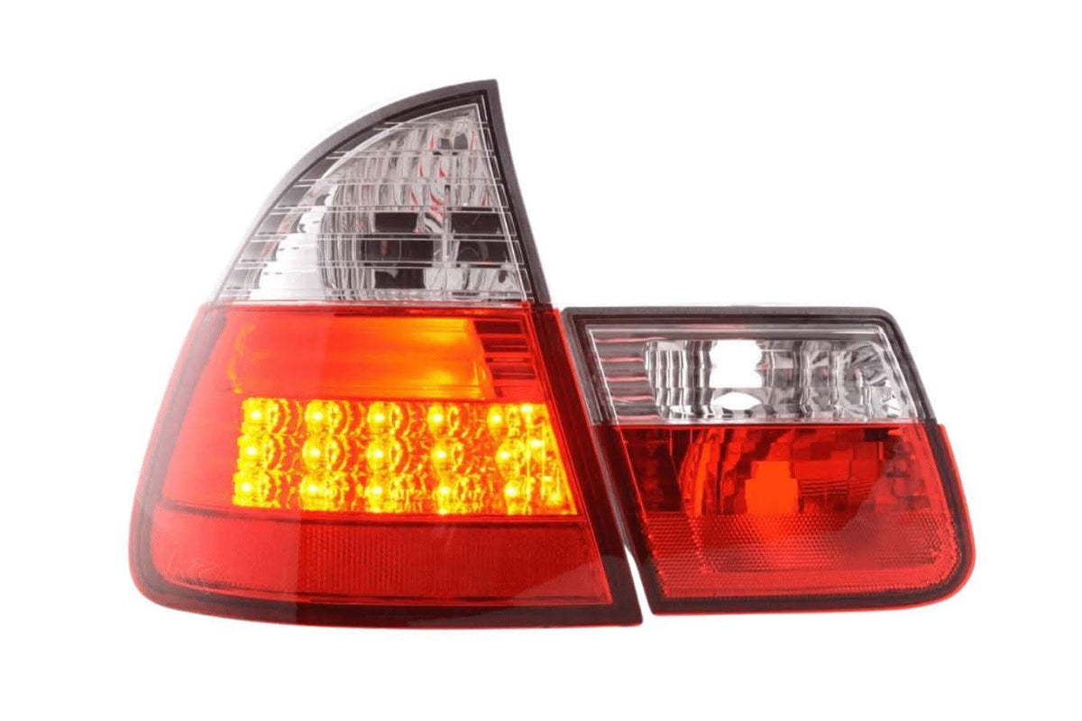 BMW 3 Series Wagon E46 red LED tail lights set by K2 Industries, front view showing sleek design and bright illumination.