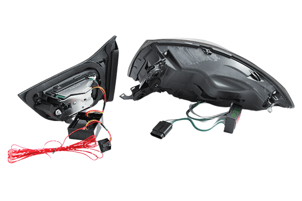 BMW 4-Series F32/F82 F33 F35 clear LED tail lights by K2 Industries, shown installed on a 2013-2016 coupe and sedan.