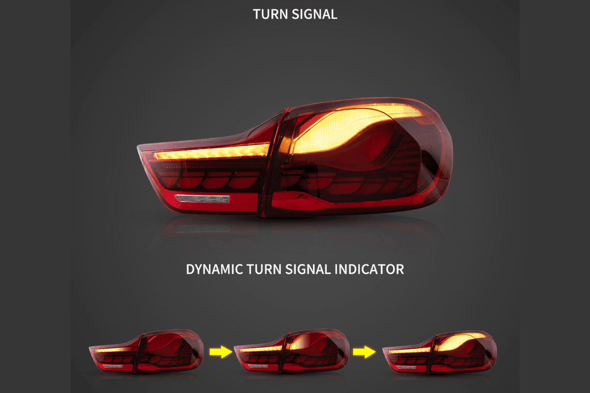 BMW 4-Series M4 F82 F83 F32 F36 OLED GTS Style dynamic tail lights by K2 Industries, 2014-2020, showing sleek LED design