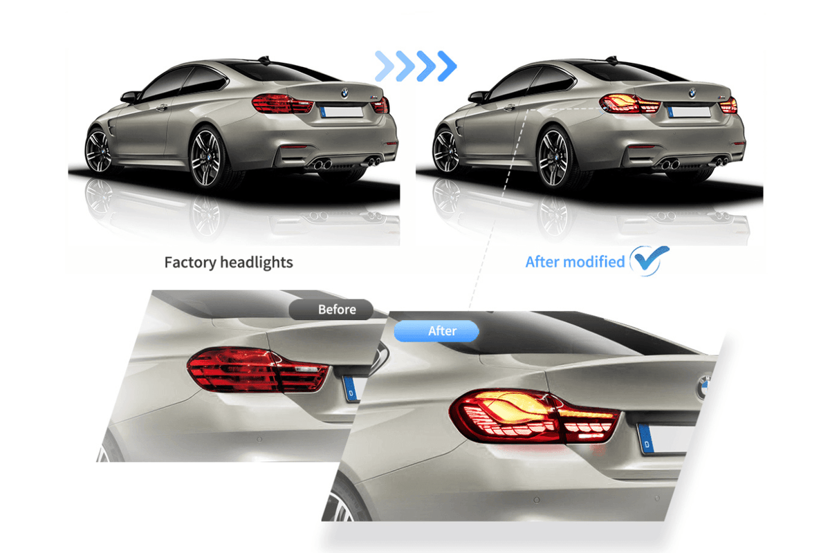 BMW 4-Series M4 F82 F83 F32 F36 OLED GTS Style Tail Lights by K2 Industries, for 2014-2020 models.