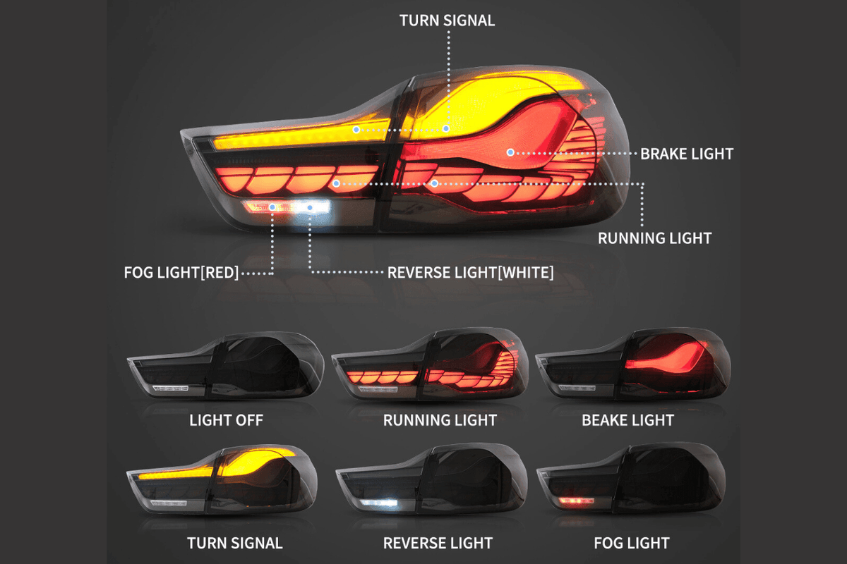 BMW 4-Series M4 F82 F83 F32 F36 OLED Dynamic GTS Style Tail Lights by K2 Industries, 2014-2020 model.