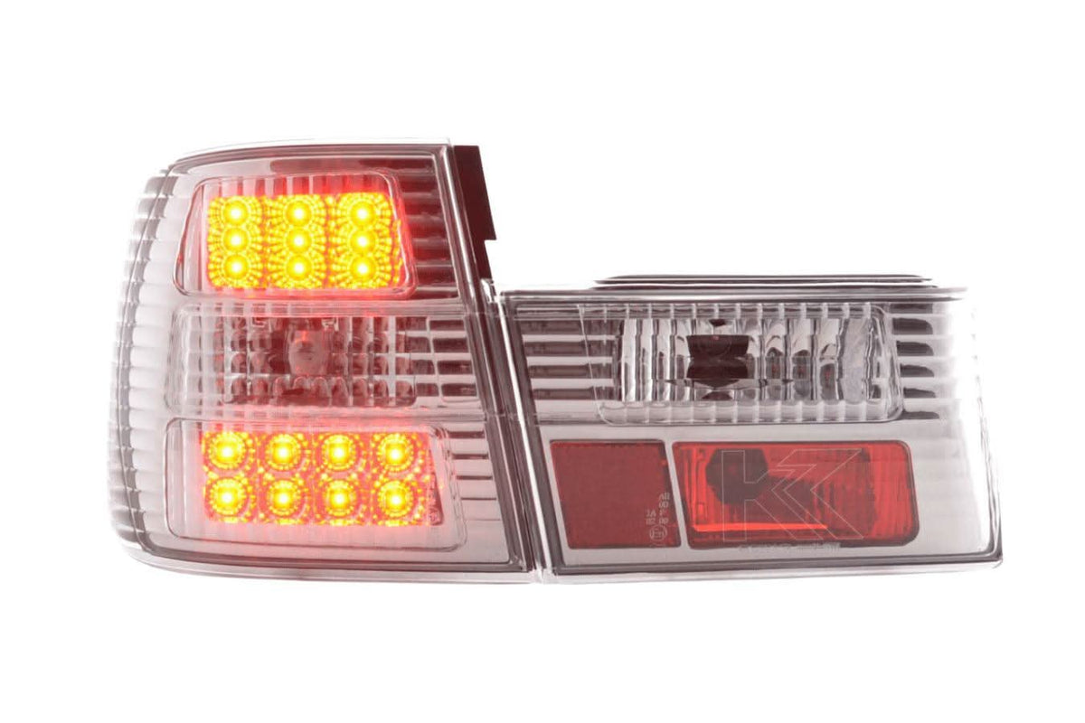 BMW 5-series E34 chrome clear LED taillights set by K2 Industries, showing the sleek tail light design for 1988-1994 models.