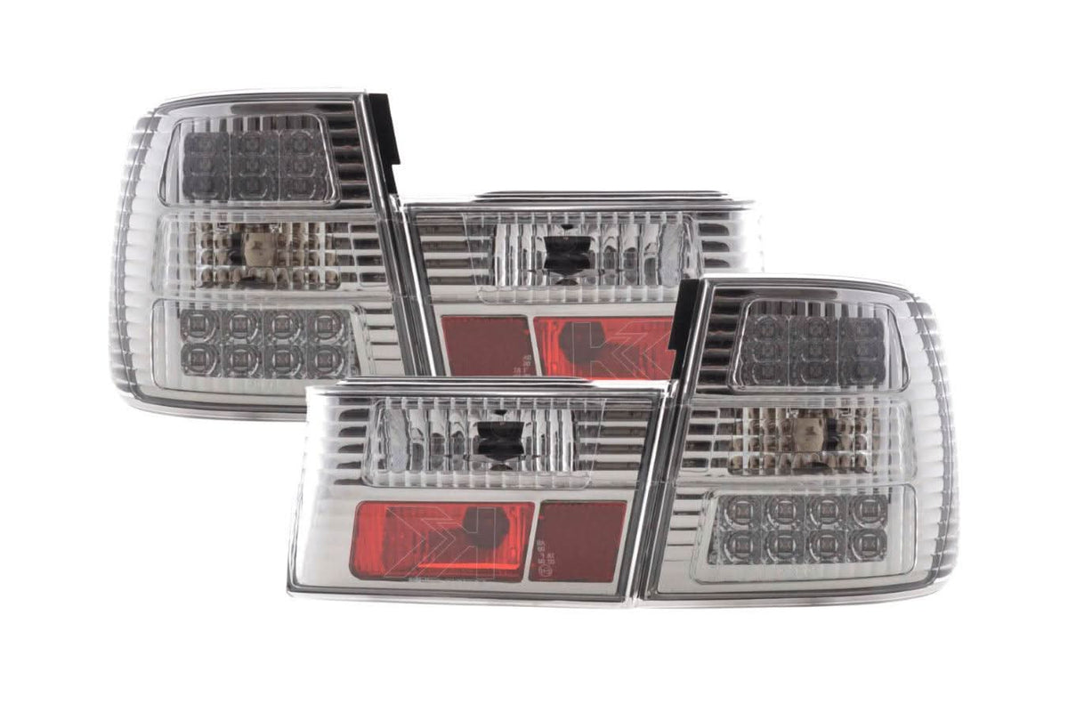 BMW 5-series E34 chrome clear LED tail lights set by K2 Industries, designed for 1988-1994 models, shown on the vehicle.