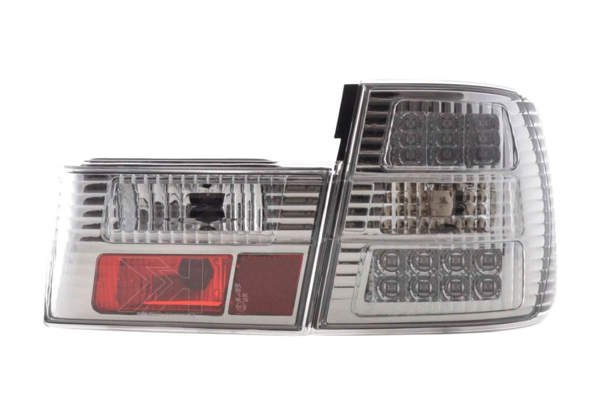 BMW 5-Series E34 chrome clear LED tail lights set by K2 Industries, for 1988-1994 models, featuring modern LED illumination.