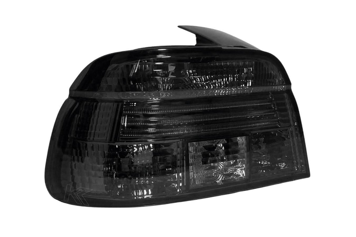 BMW 5 Series E39 LED strip smoked clear tail lights by K2 Industries, showing the sleek smoked and clear design for model years 1995-2000.