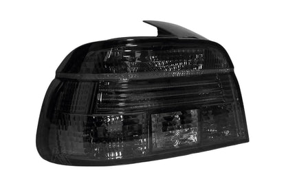 BMW 5 Series E39 LED strip smoked clear tail lights by K2 Industries, showing the sleek smoked and clear design for model years 1995-2000.
