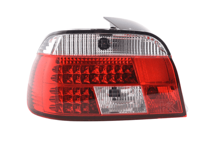 Red LED taillights set for BMW 5-series E39 sedan from 1995 to 2000, by K2 Industries, shown on a black car exterior.