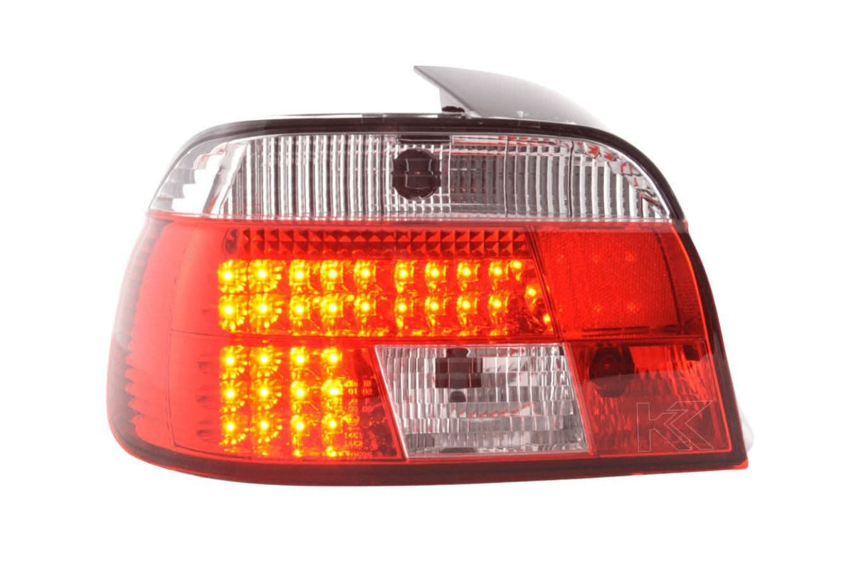 Red LED tail lights set for BMW 5-series E39 sedan (1995-2000) by K2 Industries, showing the sleek taillight design.