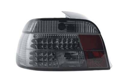 Smoked LED taillights set for BMW 5-series E39 Sedan 1995-2000 by K2 Industries, showing front and rear view of the tail lights.