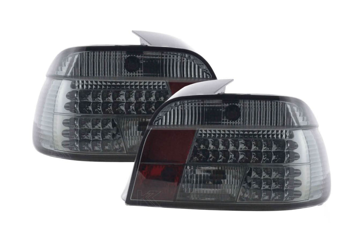 BMW 5-series E39 sedan smoked LED tail lights set by K2 Industries, for model years 1995-2000, with dark smoked lens design.