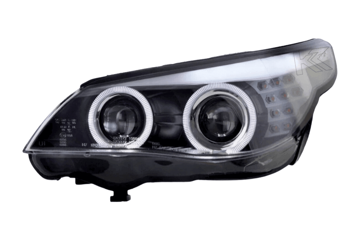 BMW 5-series E60 E61 black angel eyes headlight set by K2 Industries, featuring modern daytime running lights for 2003-2007.