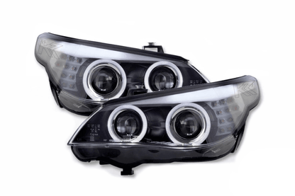 BMW 5-series E60 E61 black angel eyes headlight set by K2 Industries, for models 2003-2007, showing the headlights with angel eye rings.